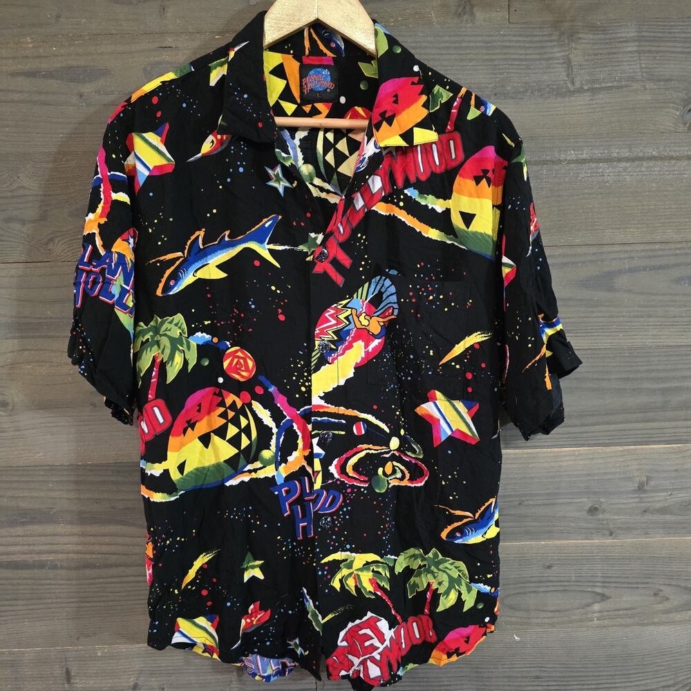 Vintage 90s Planet Hollywood Space Island Surf Shirt Men's L AOP Rayon